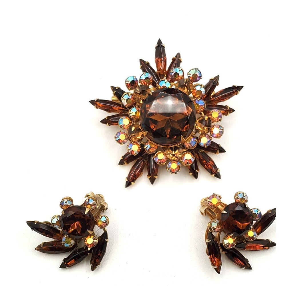 Vintage Beau Jewels Top Quality Aurora Borealis Brooch Clip Earrings Set